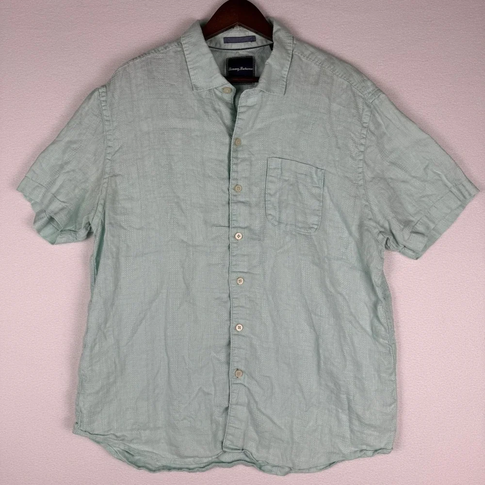 Tommy Bahama 100% Linen Shirt Mens XL Seafoam Green Short Sleeve Beach‎ Resort